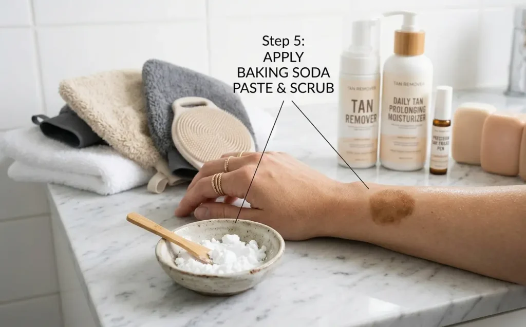 Baking soda paste method for removing stubborn fake tan patches